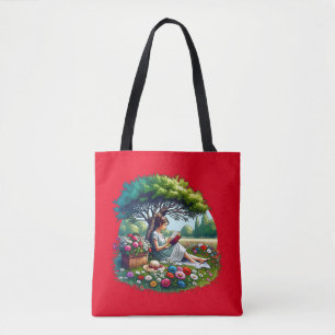 Meisje lezend onder een boom omringd door bloemen tote bag