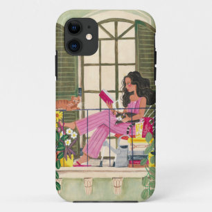 Meisje lezend op zomerse balkon met katten Case-Mate iPhone case