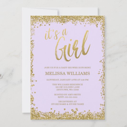 Meisje Lila Paarse Faux Gold Glitter Baby shower Kaart (Voorkant)