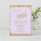 Meisje Lila Paarse Faux Gold Glitter Baby shower Kaart (Staand voorkant)