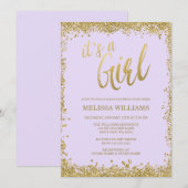 Meisje Lila Paarse Faux Gold Glitter Baby shower Kaart (Voorkant / Achterkant)