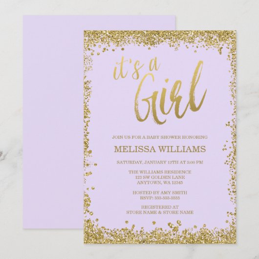 Meisje Lila Paarse Faux Gold Glitter Baby shower Kaart (Voorkant / Achterkant)