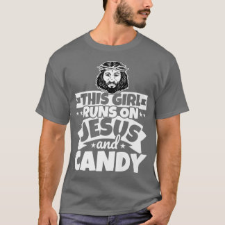 Meisje loopt op Jezus en snoep767 T-shirt