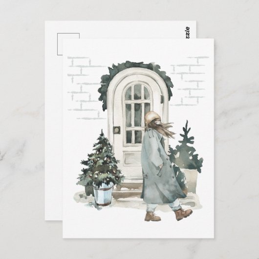 Meisje loopt op straat in de winter briefkaart (Voorkant / Achterkant)