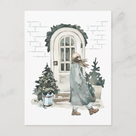 Meisje loopt op straat in de winter briefkaart (Voorkant)