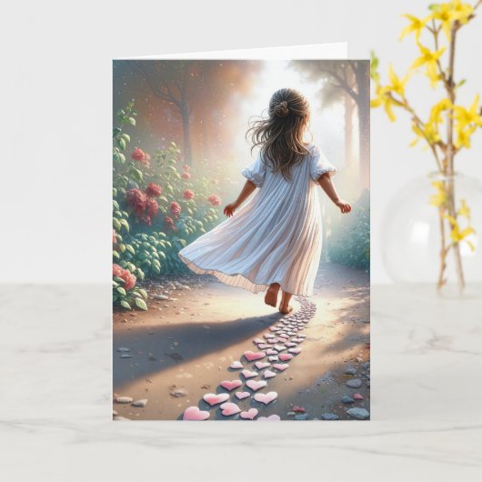 Meisje loopt over een roze hartpad kaart (Gele Bloem)