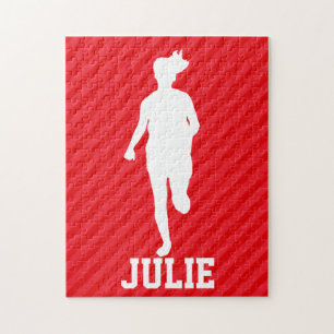 Meisje loopt; Scarlet Red Stripes Legpuzzel