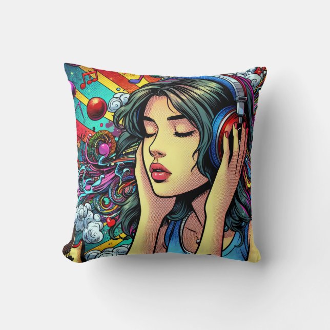 Meisje Luisteren naar Muziek op Hoofdtelefoon Psyc Kussen (Voorkant)