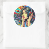 Meisje Luisteren naar Muziek op Hoofdtelefoon Psyc Ronde Sticker (Tas)