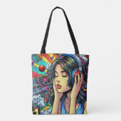Meisje Luisteren naar Muziek op Hoofdtelefoon Psyc Tote Bag (Achterkant)