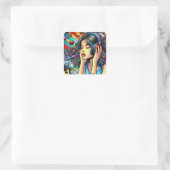 Meisje Luisteren naar Muziek op Hoofdtelefoon Psyc Vierkante Sticker (Tas)