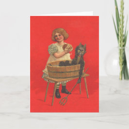 Meisje maakt Krampus schoon Feestdagen Kaart