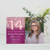 Meisje Magenta Roze Glitters 14e Verjaardag Kaart (Staand voorkant)