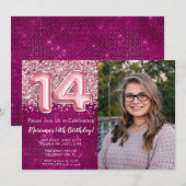 Meisje Magenta Roze Glitters 14e Verjaardag Kaart (Voorkant / Achterkant)