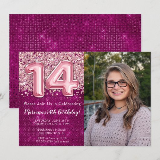 Meisje Magenta Roze Glitters 14e Verjaardag Kaart (Voorkant / Achterkant)