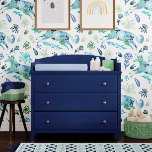 Meisje Magisch Blauw Bloemen Eenhoorn Paard Patroo Behang