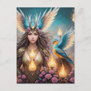 Meisje, majestueuze fenix vogel olieverfschilderij briefkaart