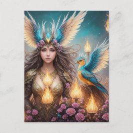 Meisje, majestueuze fenix vogel olieverfschilderij briefkaart