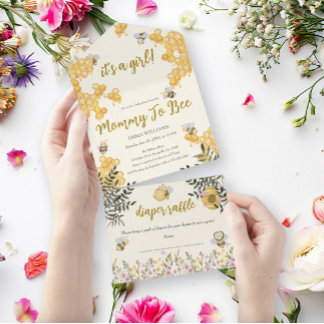 Meisje Mama naar Bee Honeycomb Baby shower All In One Uitnodiging