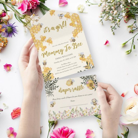 Meisje Mama naar Bee Honeycomb Baby shower All In One Uitnodiging