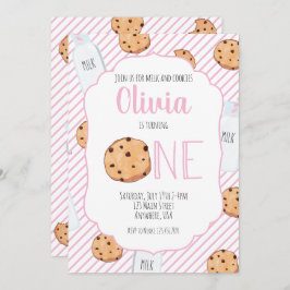 Meisje Melk en Koekjes Roze eerste Verjaardag Invi Kaart