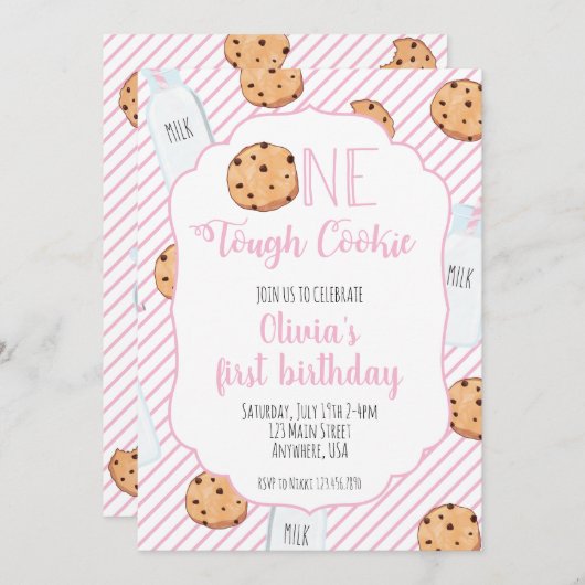 Meisje Melk en Koekjes Roze eerste Verjaardag Kaart (Voorkant / Achterkant)