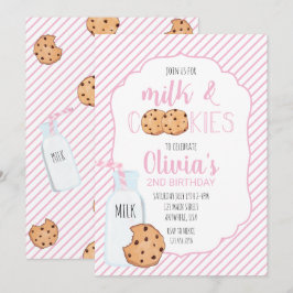 Meisje Melk en Koekjes Roze Verjaardagsuitnodiging Kaart
