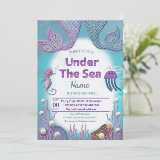 Meisje Mermaid verjaardagsfeestje uitnodiging (Staand voorkant)