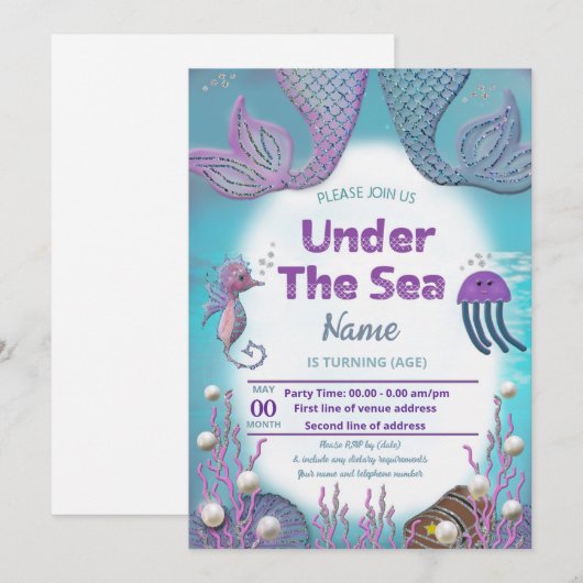 Meisje Mermaid verjaardagsfeestje uitnodiging (Voorkant / Achterkant)