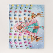 meisje met 2 kleine herten's en kerstverlichting legpuzzel (Verticaal)