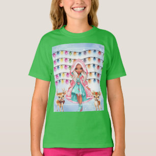 meisje met 2 kleine herten's en kerstverlichting t-shirt