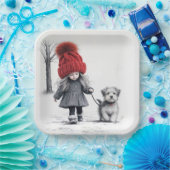 Meisje met 3D gebreid Pet met hond Papieren Bordje (Feest)