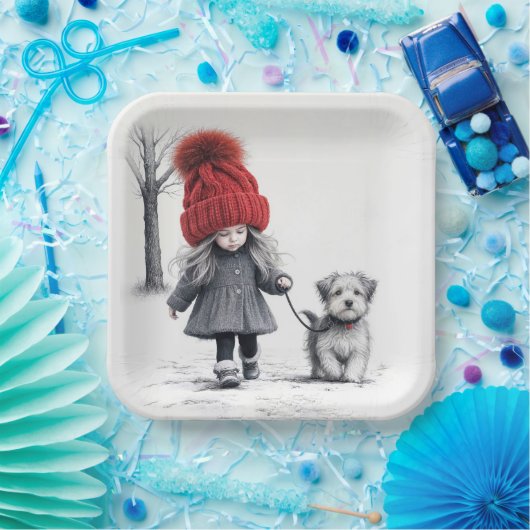 Meisje met 3D gebreid Pet met hond Papieren Bordje (Feest)