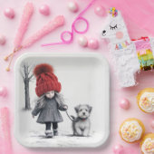 Meisje met 3D gebreid Pet met hond Papieren Bordje (Feest)