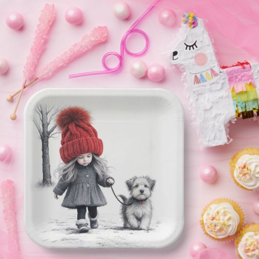 Meisje met 3D gebreid Pet met hond Papieren Bordje (Feest)