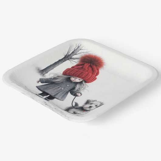 Meisje met 3D gebreid Pet met hond Papieren Bordje (Gebogen)