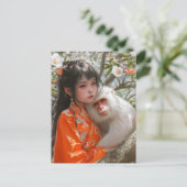 Meisje met Aap Chinese Zodiac Art Briefkaart (Staand voorkant)