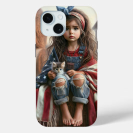 Meisje met Amerikaanse vlag en kitten iPhone 15 Case