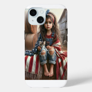 Meisje met Amerikaanse vlag en kitten iPhone 15 Case