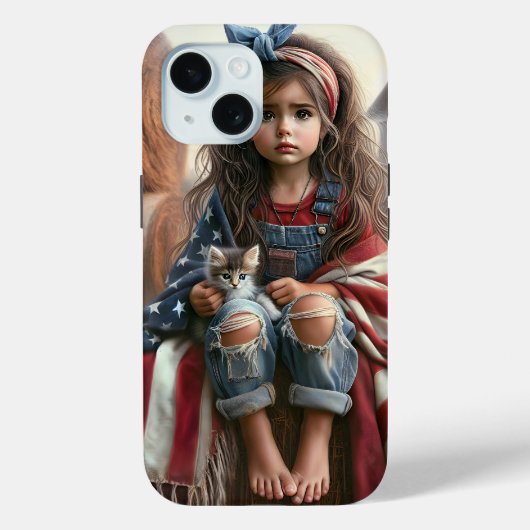 Meisje met Amerikaanse vlag en kitten Case-Mate iPhone Case (Achterkant)