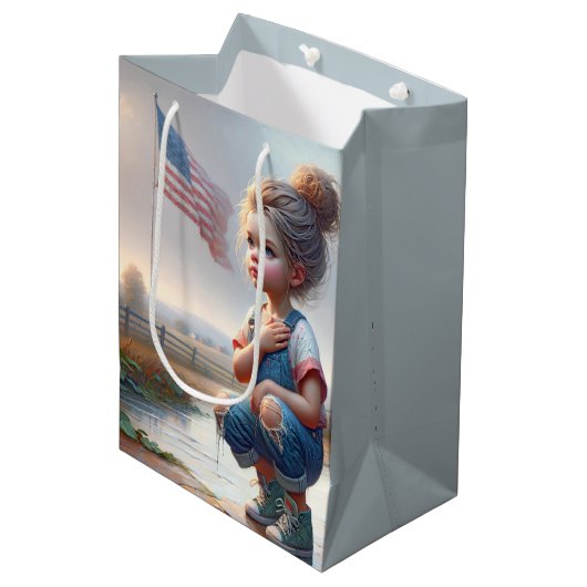 Meisje met Amerikaanse vlag Medium Cadeauzakje (Voorkant Gekanteld)