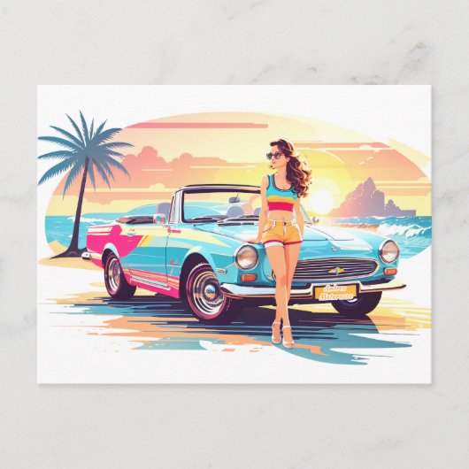 Meisje met auto en droom natuur briefkaart (Voorkant)