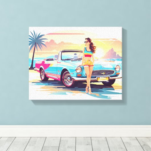 Meisje met auto en droom natuur canvas afdruk (Insitu (Houten vloer))