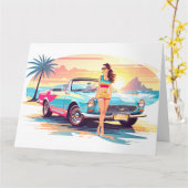 Meisje met auto en droom natuur kaart (Gele Bloem)