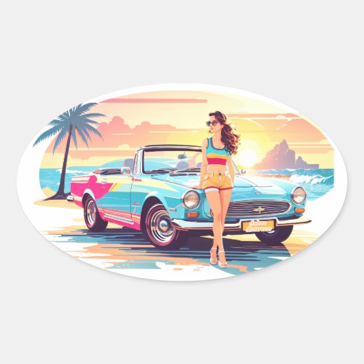 Meisje met auto en droom natuur ovale sticker (Voorkant)