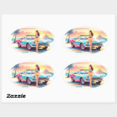 Meisje met auto en droom natuur ovale sticker (Vel)