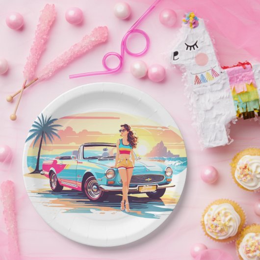 Meisje met auto en droom natuur papieren bordje (Feest)