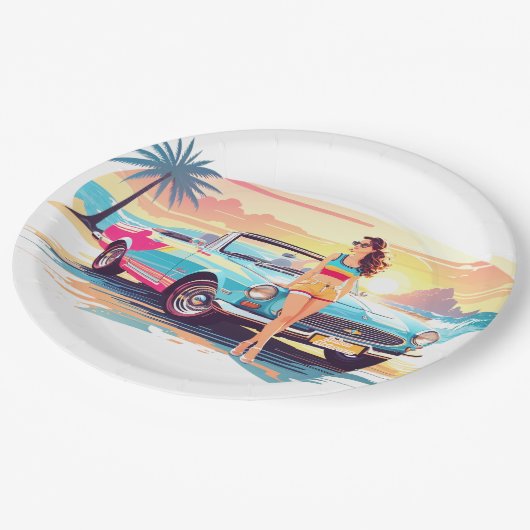 Meisje met auto en droom natuur papieren bordje (Gekanteld)