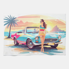 Meisje met auto en droom natuur theedoek