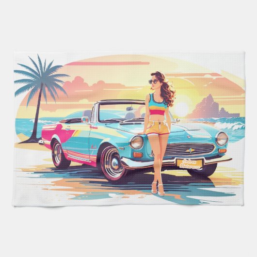 Meisje met auto en droom natuur theedoek (Horizontaal)